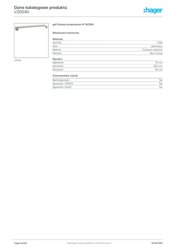Zdjęcie Hager Karta katalogowa VZ694N | Hager Polska