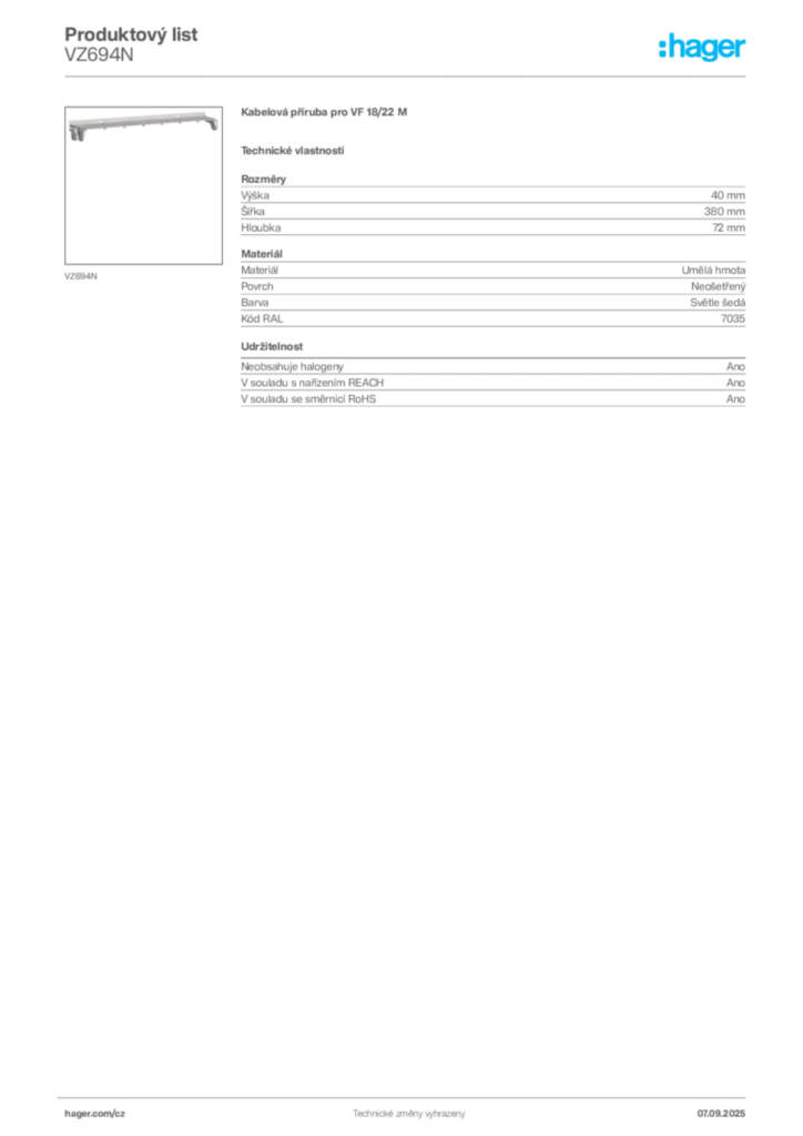 Obrázek Hager Produktový list VZ694N | Hager