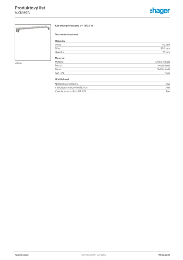 Obrázek Hager Product data sheet VZ694N | Hager