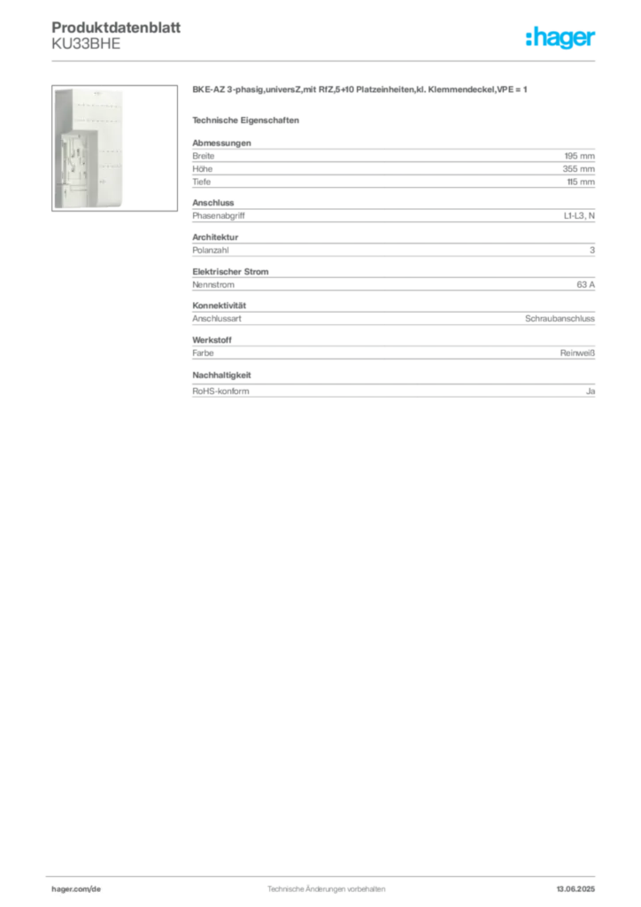 Bild Hager Produktdatenblatt KU33BHE | Hager Deutschland