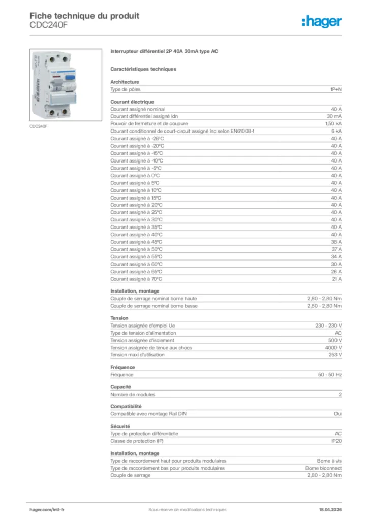 Image Hager Fiche technique du produit CDC240F | Hager Afrique