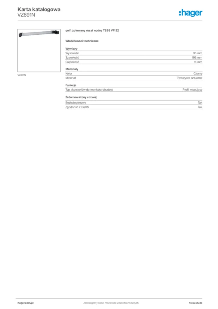 Zdjęcie Hager Karta katalogowa VZ691N | Hager Polska