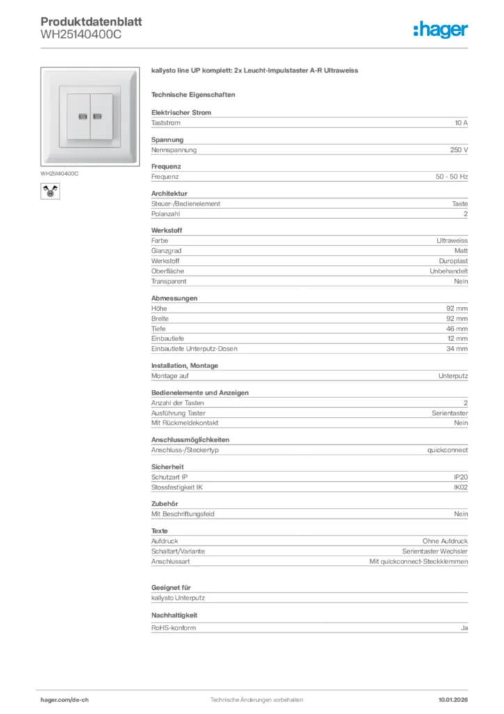 Bild Hager Produktdatenblatt WH25140400C | Hager Schweiz