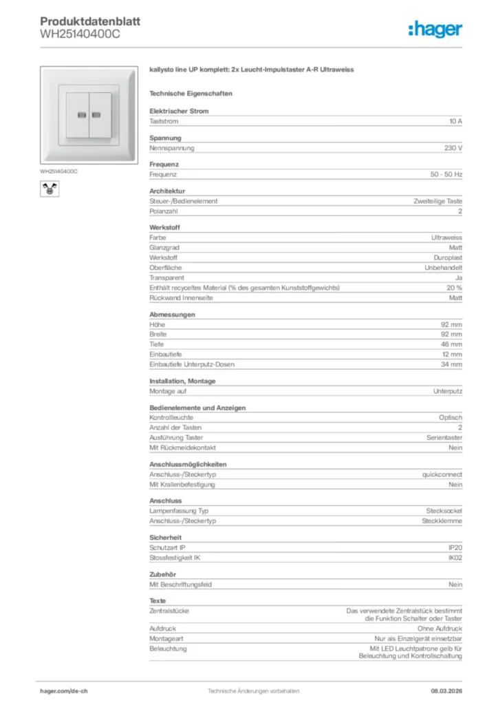 Bild Hager Produktdatenblatt WH25140400C | Hager Schweiz