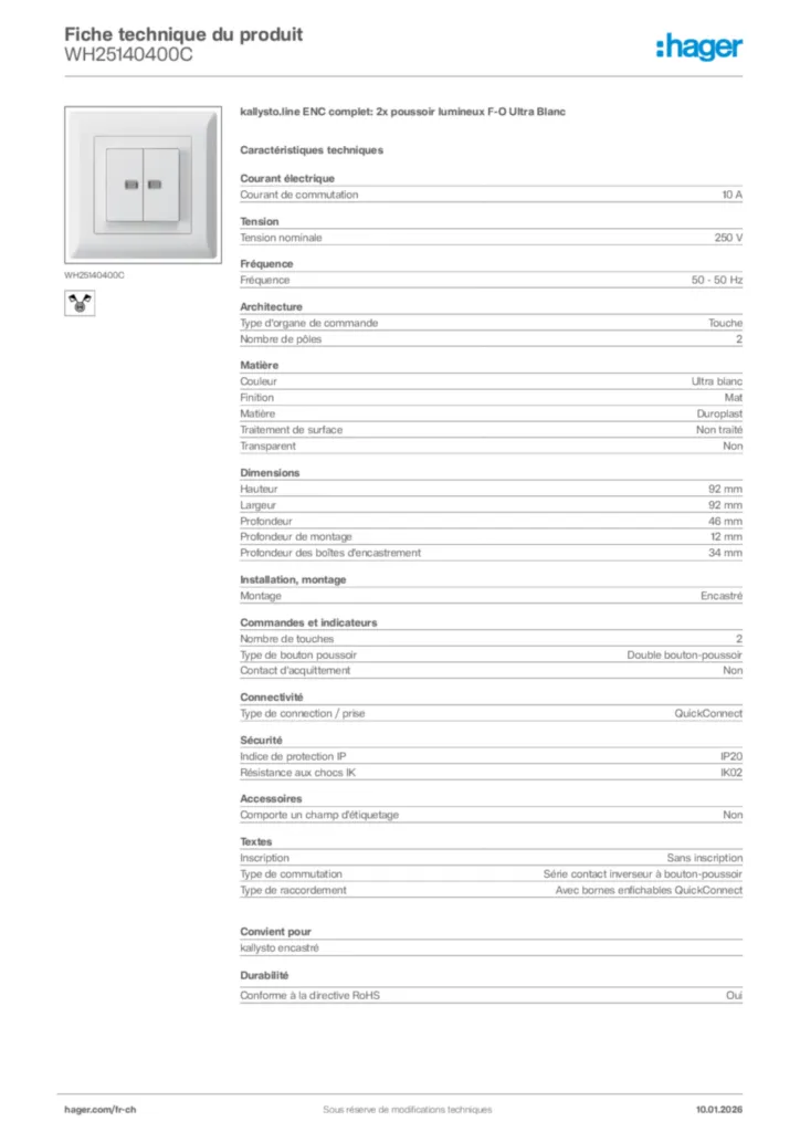 Image Hager Fiche technique du produit WH25140400C | Hager Suisse