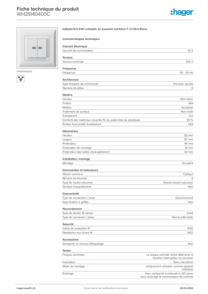Image Hager Fiche technique du produit WH25140400C | Hager Suisse