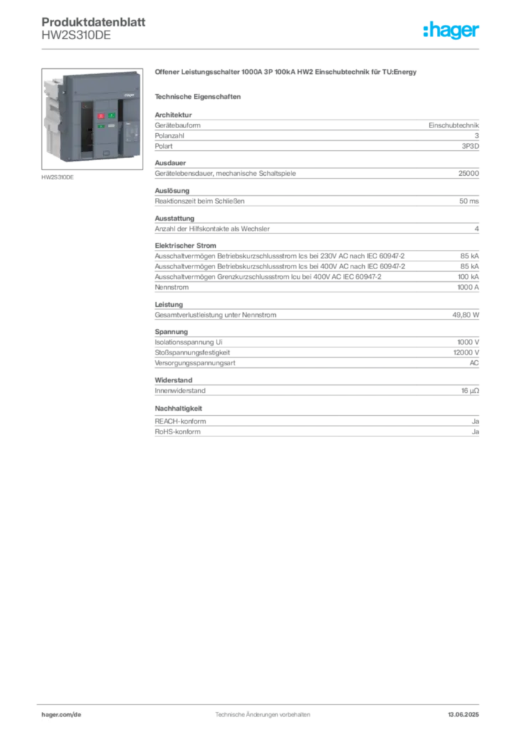Bild Hager Produktdatenblatt HW2S310DE | Hager Deutschland