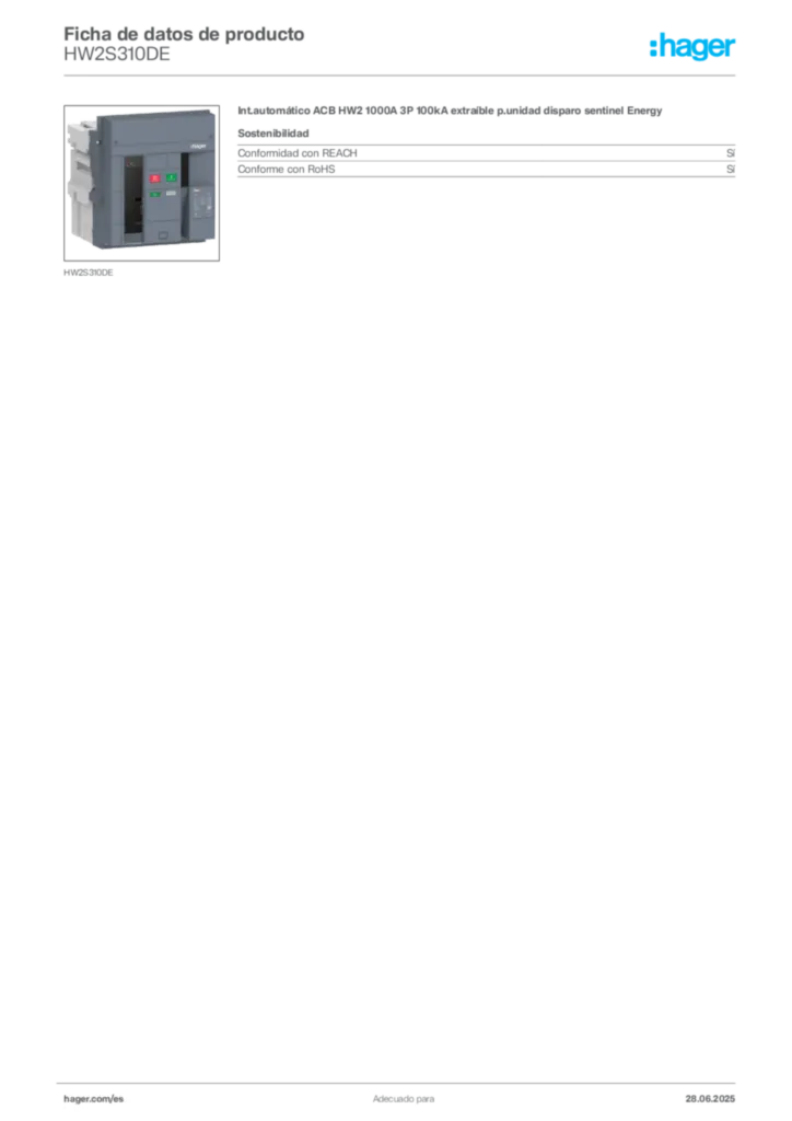 Imagen Hager Ficha de datos de producto HW2S310DE | Hager España