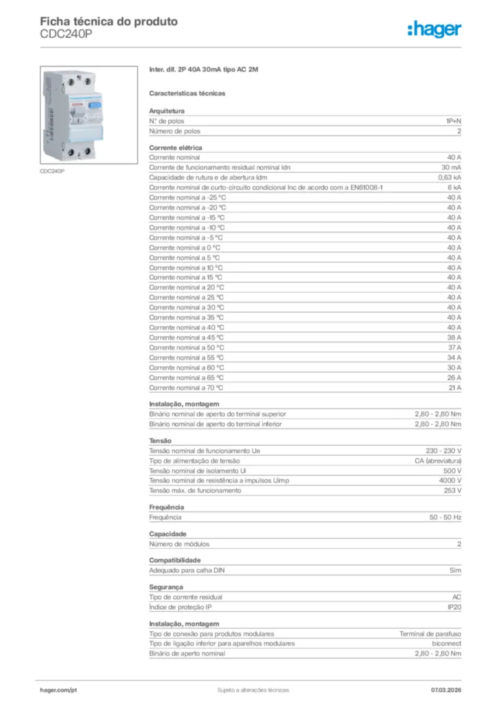 Imagem Hager Ficha técnica do produto CDC240P | Hager Portugal
