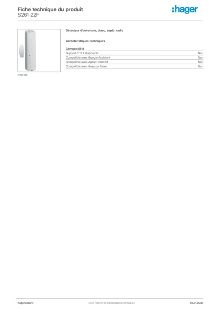 Image Hager Fiche technique du produit S261-22F | Hager France
