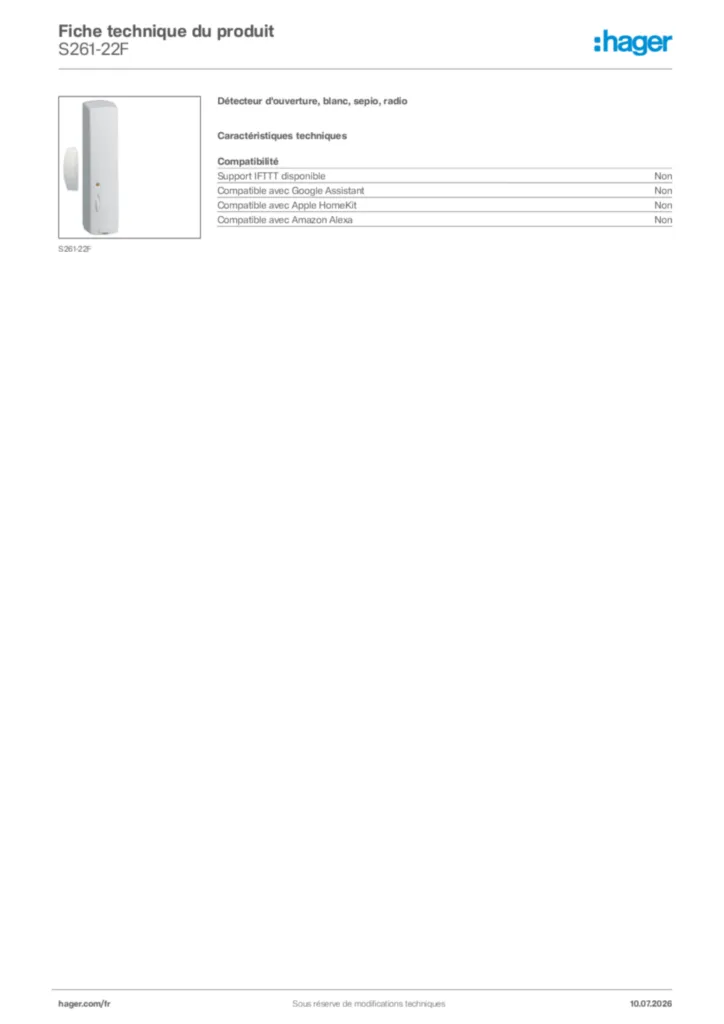 Image Hager Fiche technique du produit S261-22F | Hager France