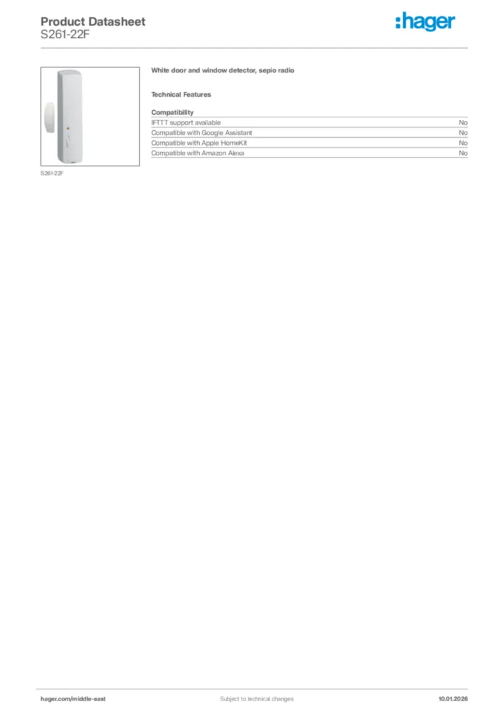 Image Hager Product data sheet S261-22F  | Hager
