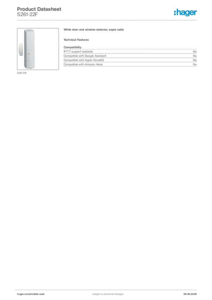 Image Hager Product data sheet S261-22F  | Hager