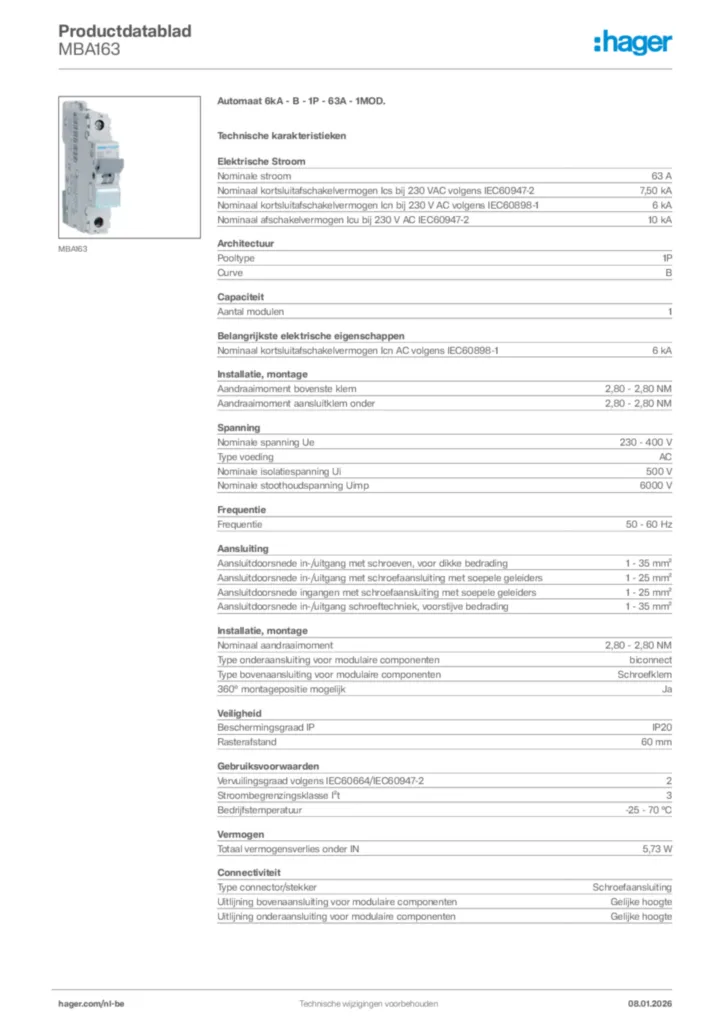 Afbeelding Hager Productdatablad MBA163 | Hager Belgium