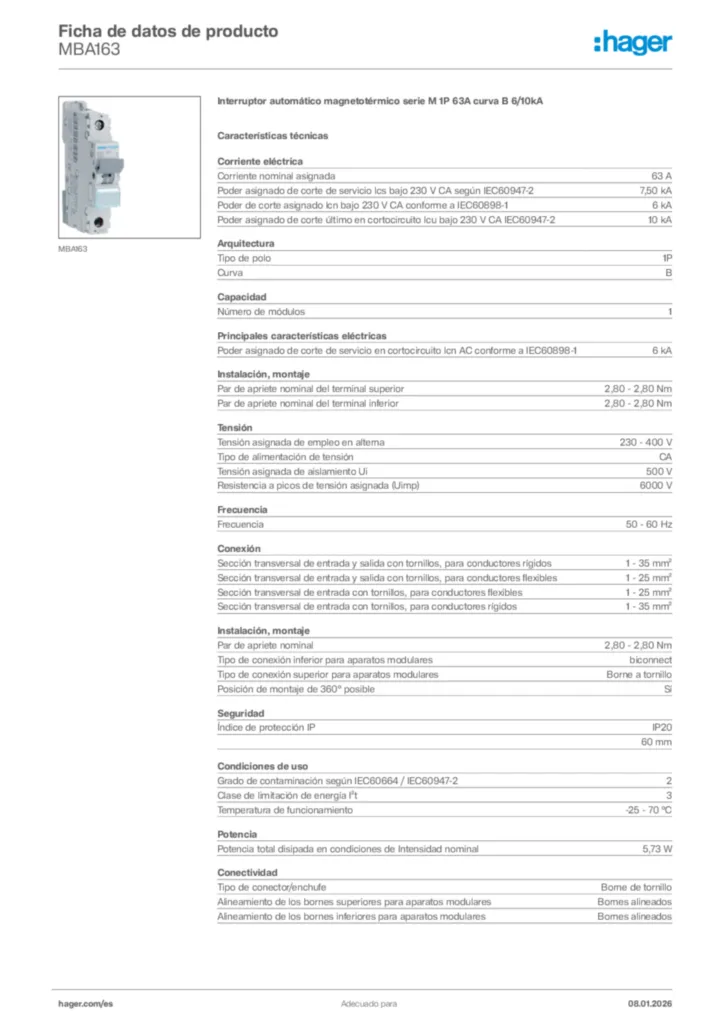 Imagen Hager Ficha de datos de producto MBA163 | Hager España
