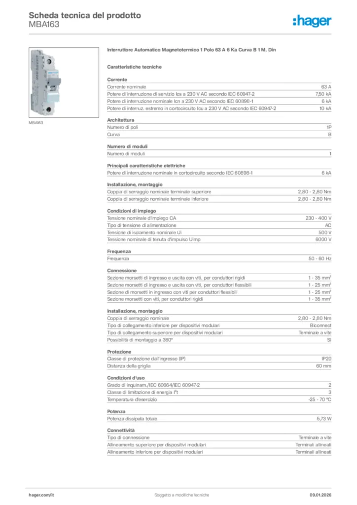 Immagine Hager Scheda tecnica del prodotto MBA163 | Hager Italia
