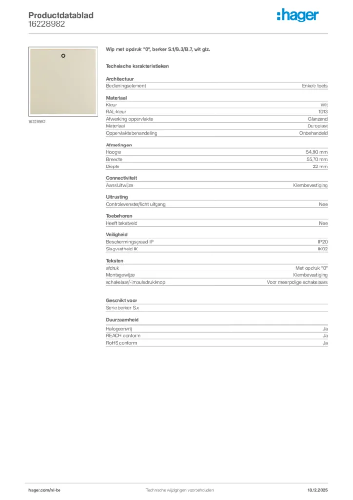 Afbeelding Hager Productdatablad 16228982 | Hager Belgium