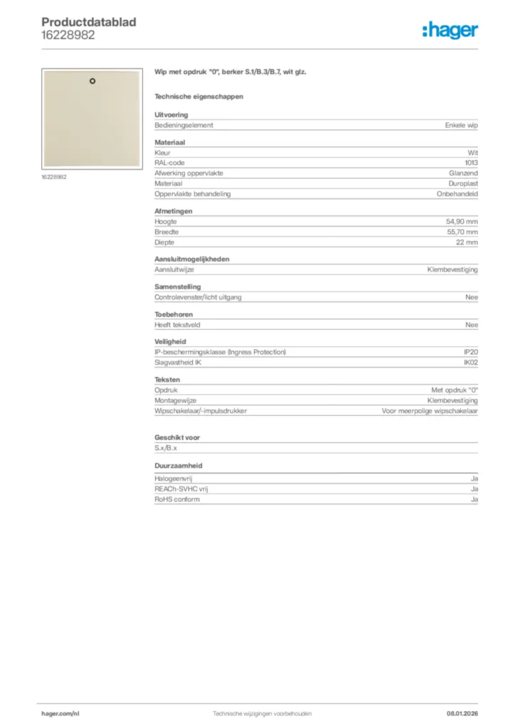 Afbeelding Hager Productdatablad 16228982 | Hager Nederland