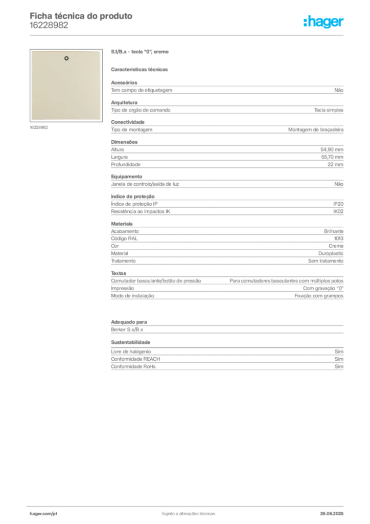 Imagem Hager Ficha técnica do produto 16228982 | Hager Portugal