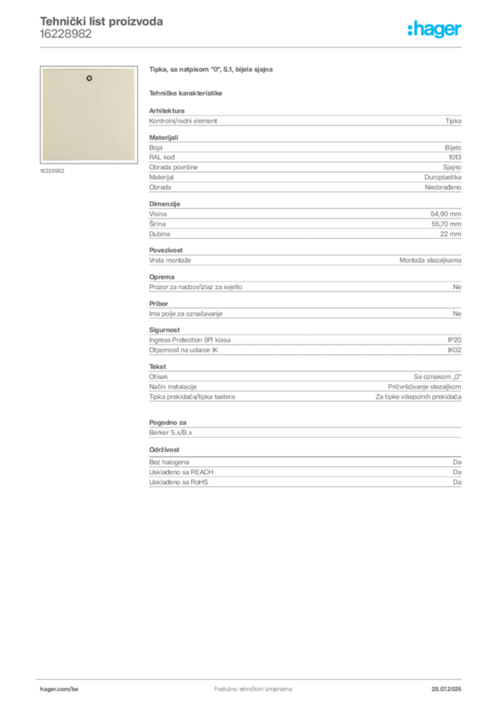 Slika Hager Product data sheet 16228982  | Hager
