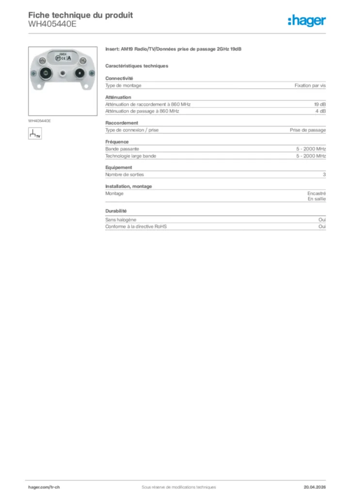 Image Hager Fiche technique du produit WH405440E | Hager Suisse