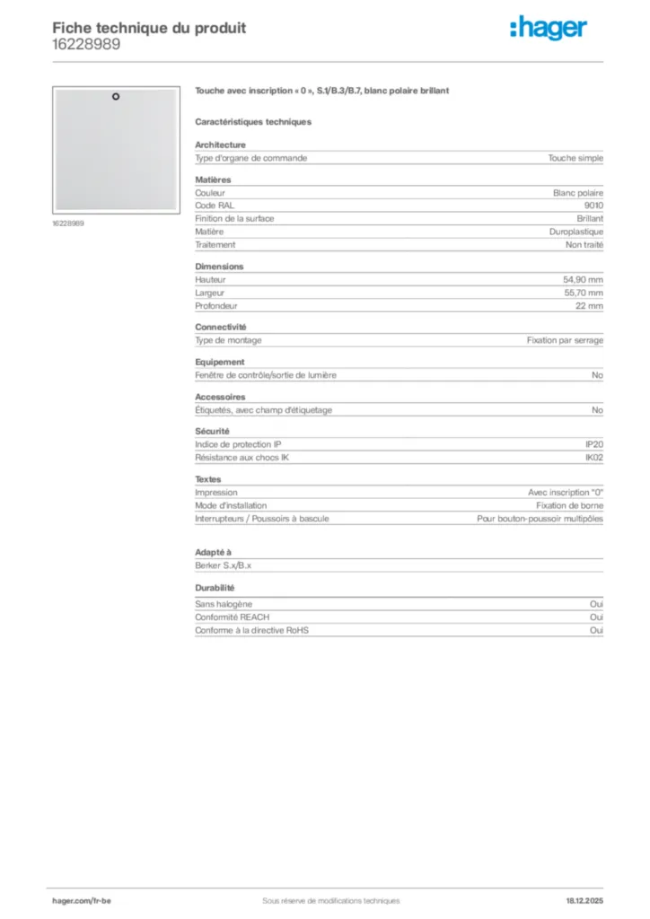 Image Hager Fiche technique du produit 16228989 | Hager Belgique