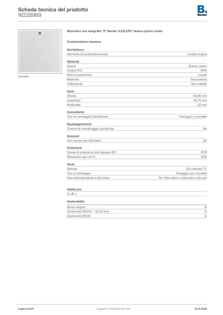 Immagine Berker Scheda tecnica del prodotto 16228989 | Hager Italia