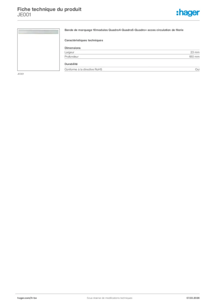 Image Hager Fiche technique du produit JE001 | Hager Belgique