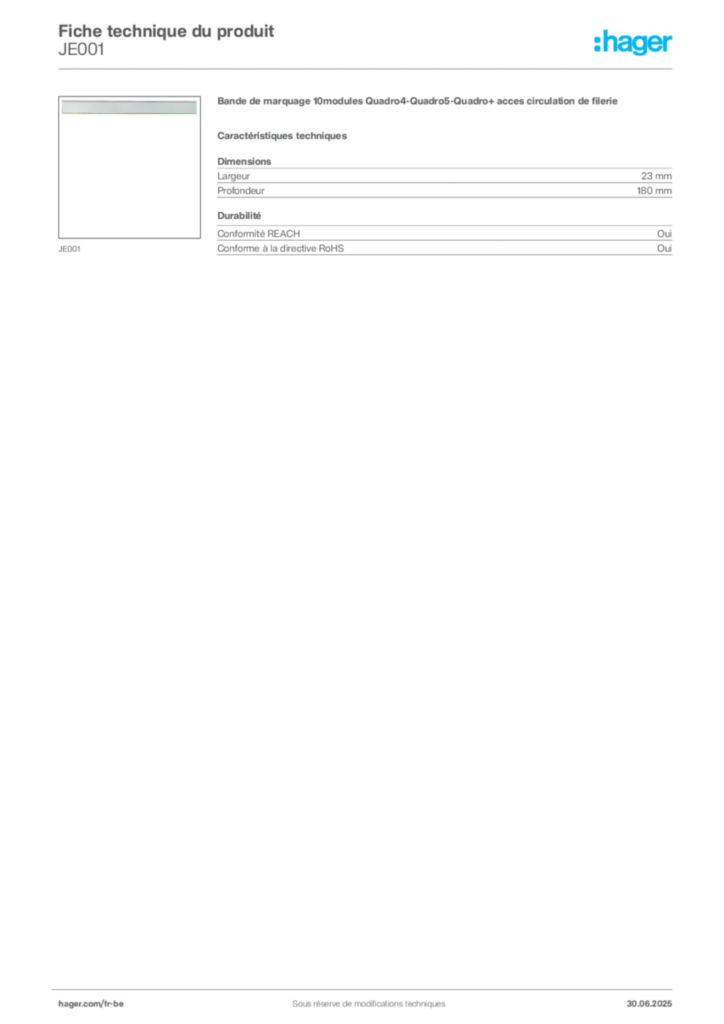 Image Hager Fiche technique du produit JE001 | Hager Belgique