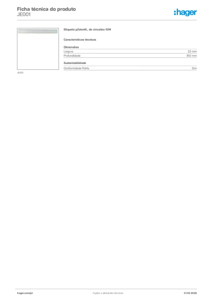 Imagem Hager Ficha técnica do produto JE001 | Hager Portugal