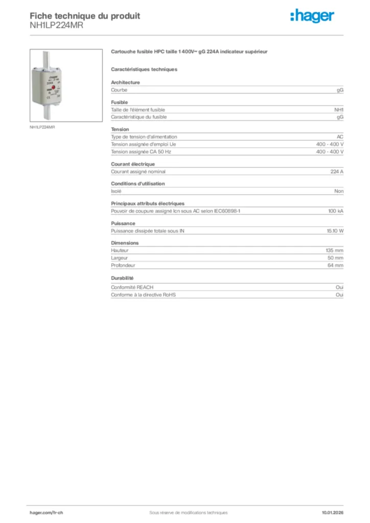 Image Hager Fiche technique du produit NH1LP224MR | Hager Suisse