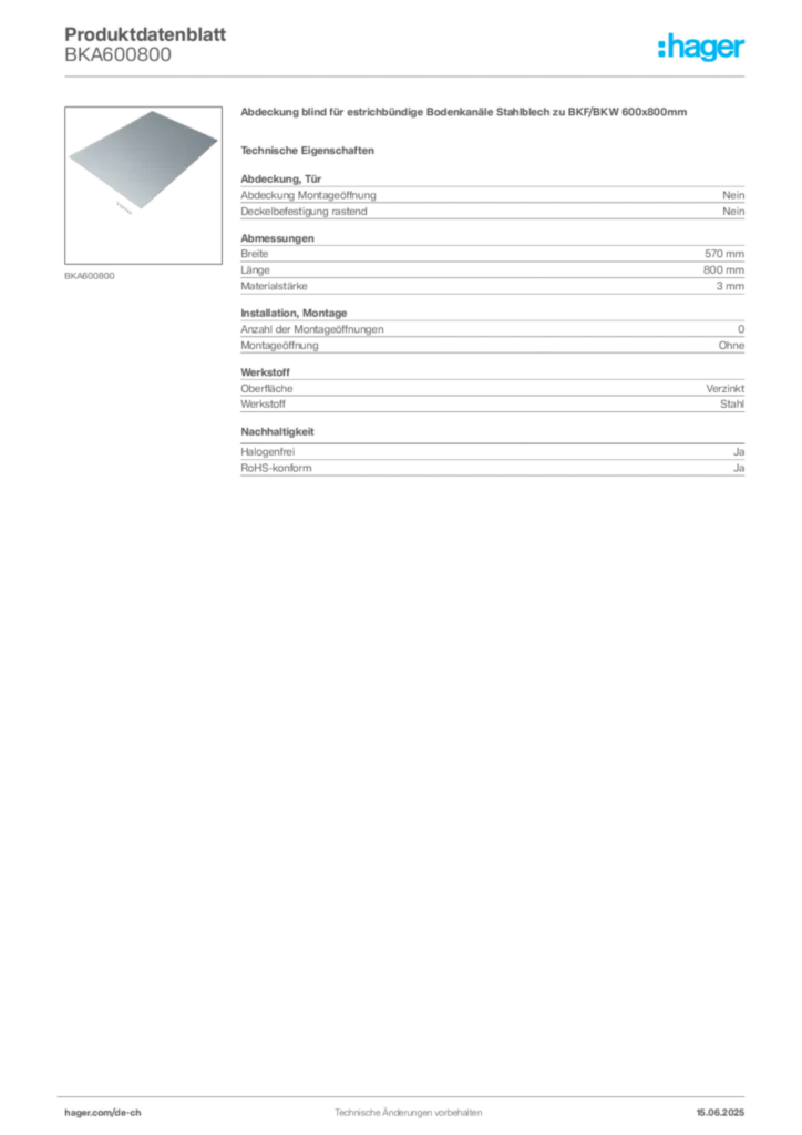 Bild Hager Produktdatenblatt BKA600800 | Hager Schweiz
