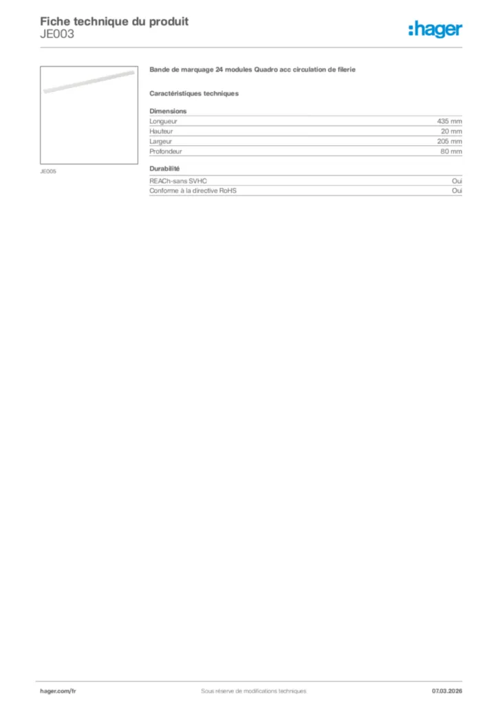 Image Hager Fiche technique du produit JE003 | Hager France