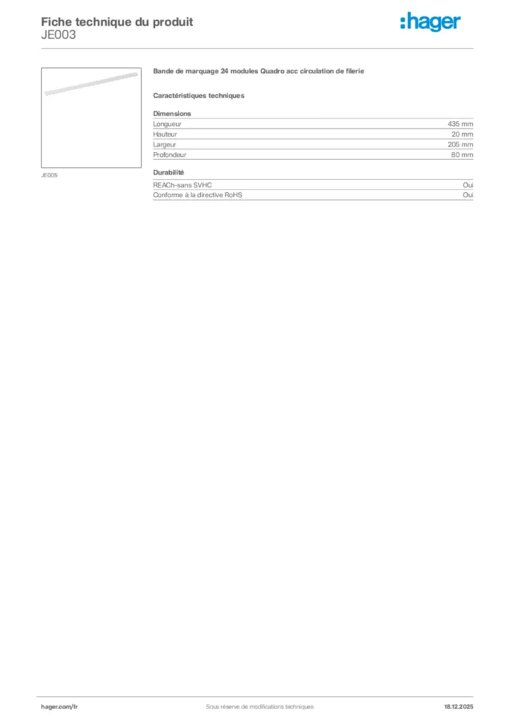Image Hager Fiche technique du produit JE003 | Hager France
