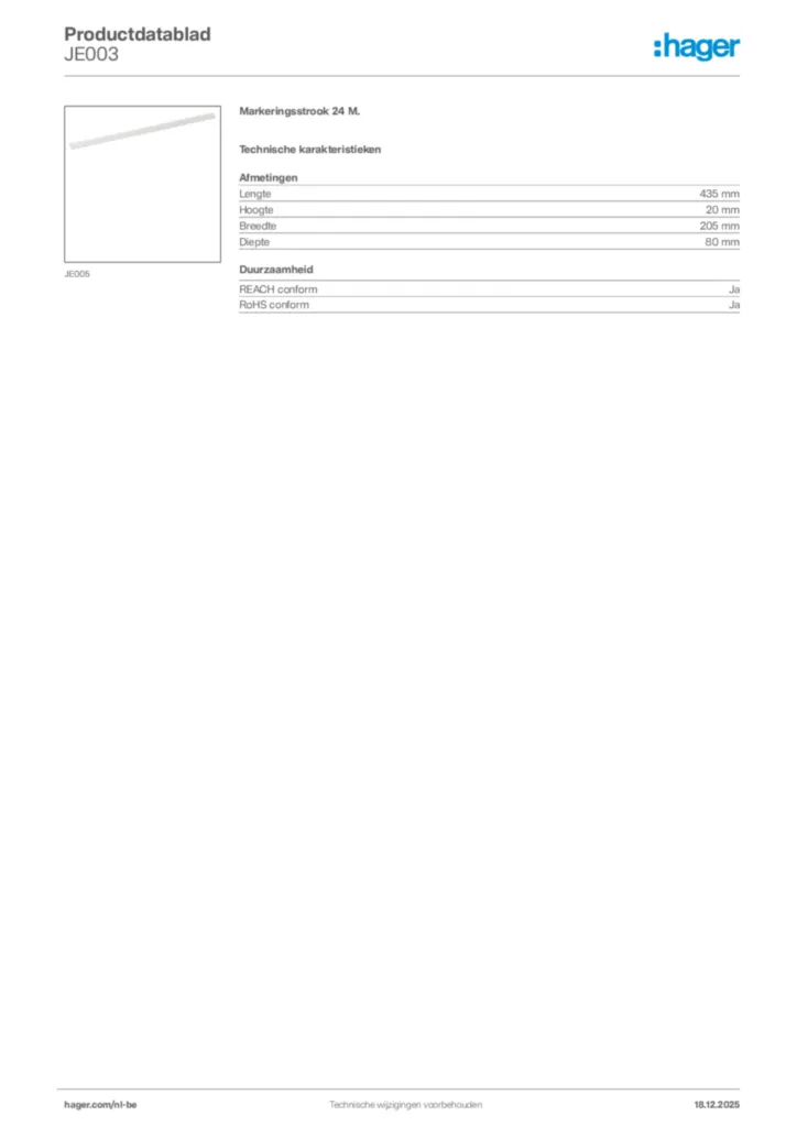 Afbeelding Hager Productdatablad JE003 | Hager Belgium