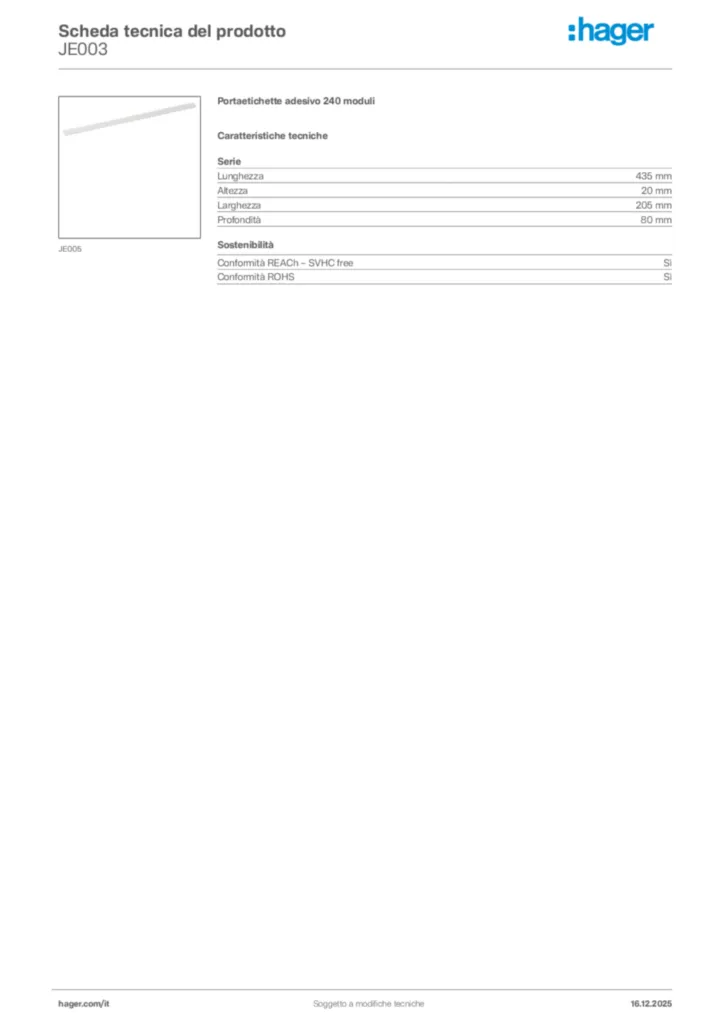 Immagine Hager Scheda tecnica del prodotto JE003 | Hager Italia