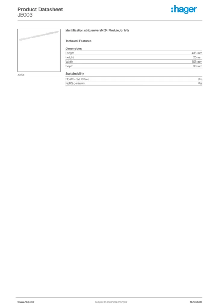 Image Hager Product data sheet JE003  | Hager