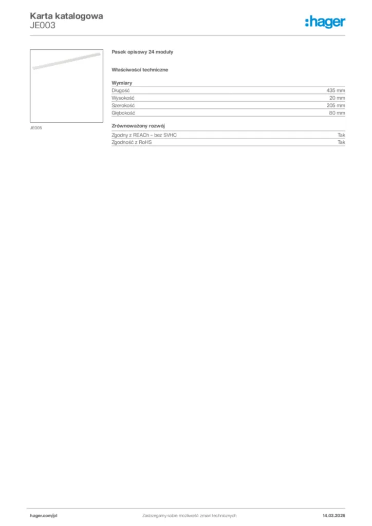 Zdjęcie Hager Karta katalogowa JE003 | Hager Polska
