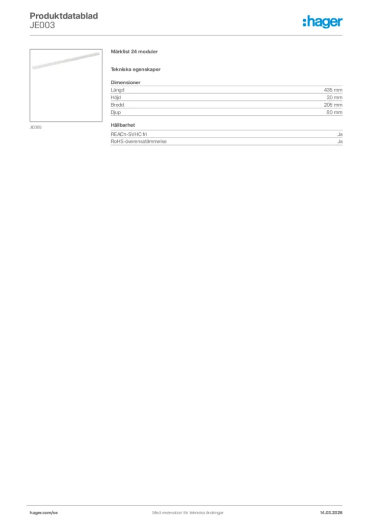 Bild Hager Produktdatablad JE003 | Hager Sverige