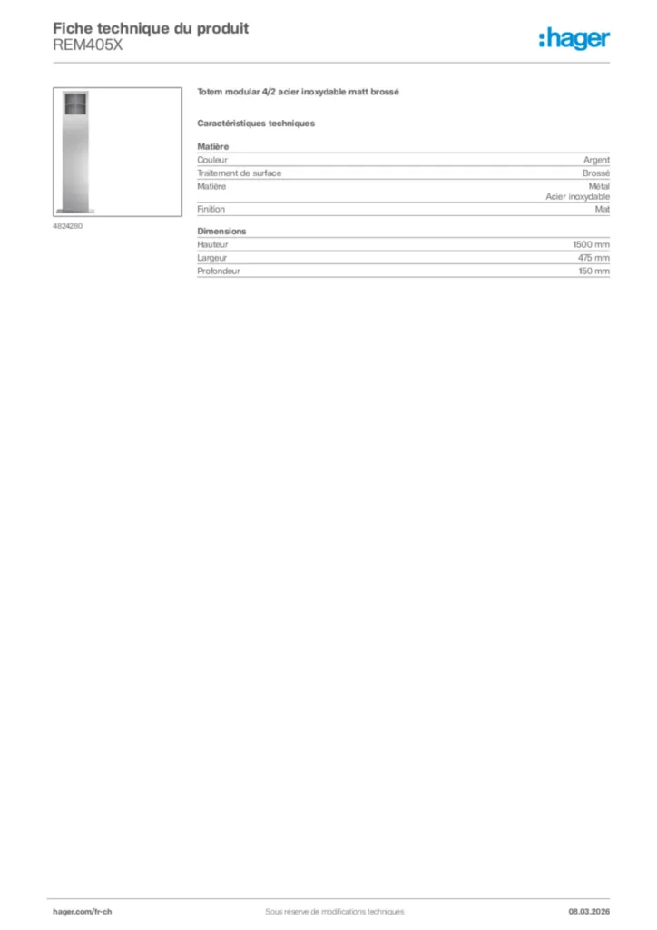 Image Hager Fiche technique du produit REM405X | Hager Suisse