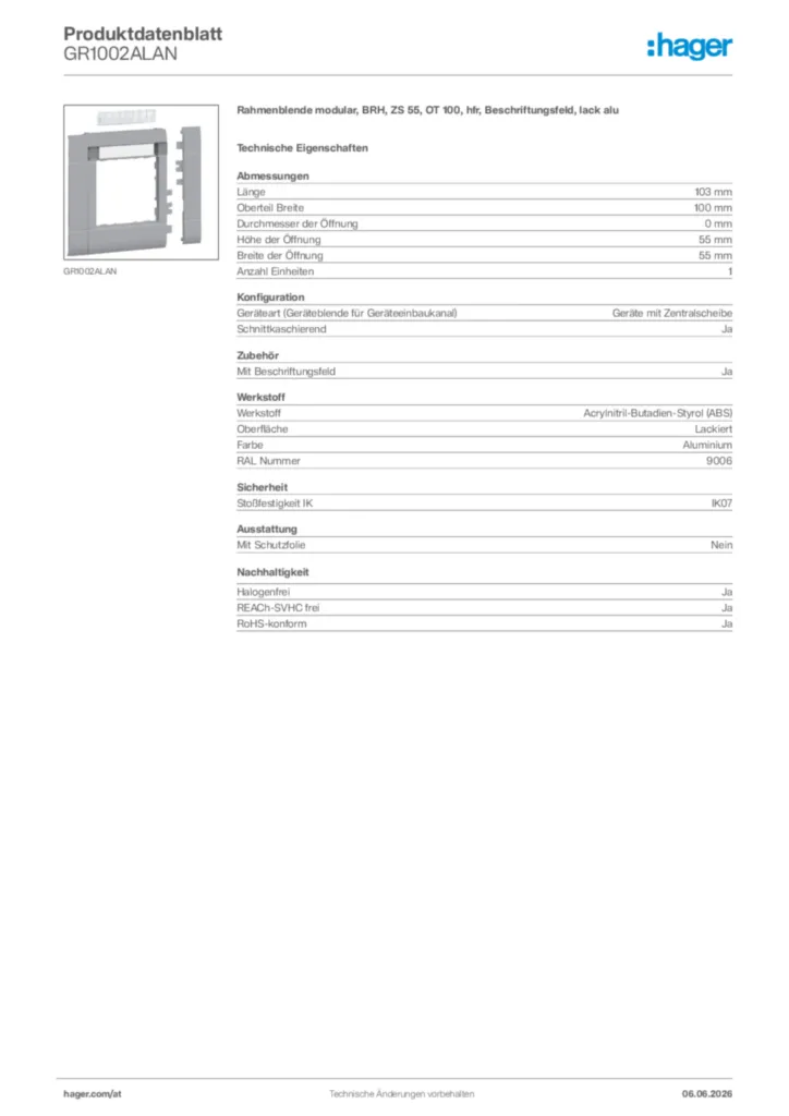 Bild Hager Produktdatenblatt GR1002ALAN | Hager Deutschland