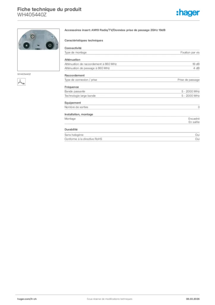 Image Hager Fiche technique du produit WH405440Z | Hager Suisse