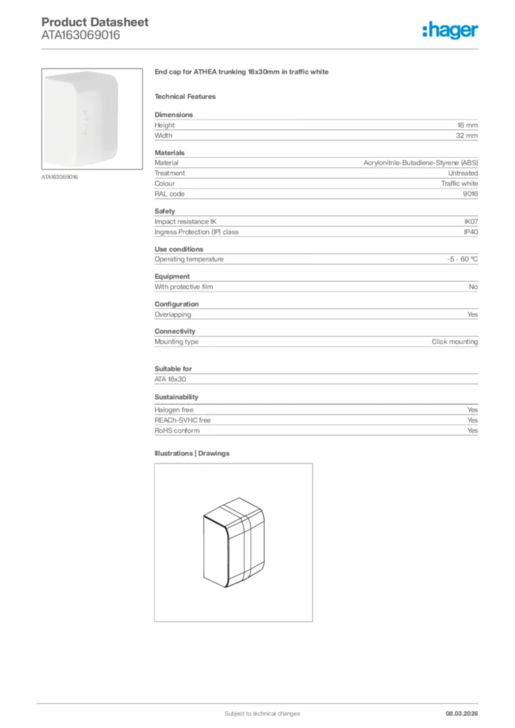 Image Hager Product data sheet ATA163069016  | Hager Africa