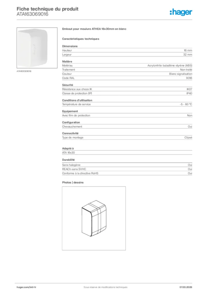 Image Hager Fiche technique du produit ATA163069016 | Hager Afrique