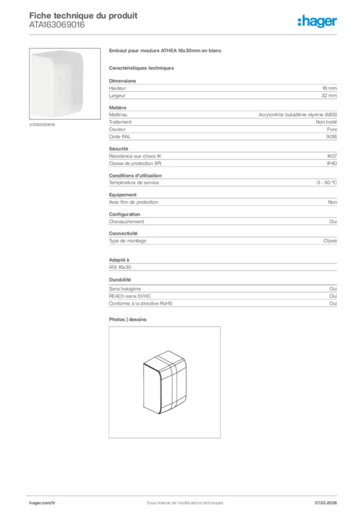 Image Hager Fiche technique du produit ATA163069016 | Hager France
