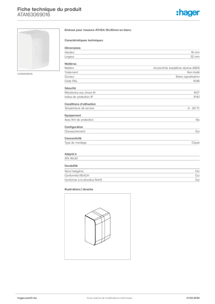 Image Hager Fiche technique du produit ATA163069016 | Hager Belgique
