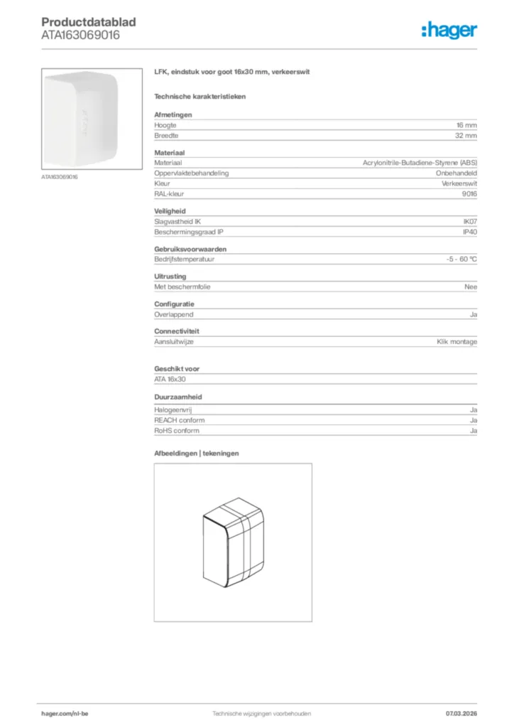 Afbeelding Hager Productdatablad ATA163069016 | Hager Belgium