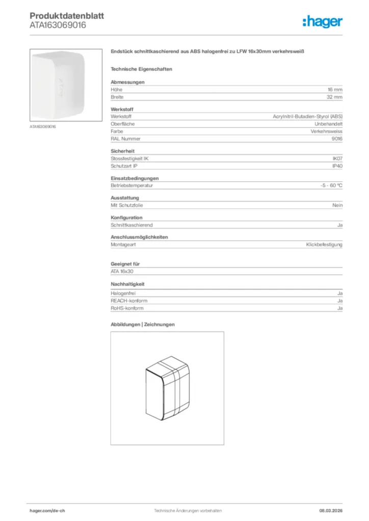 Bild Hager Produktdatenblatt ATA163069016 | Hager Schweiz