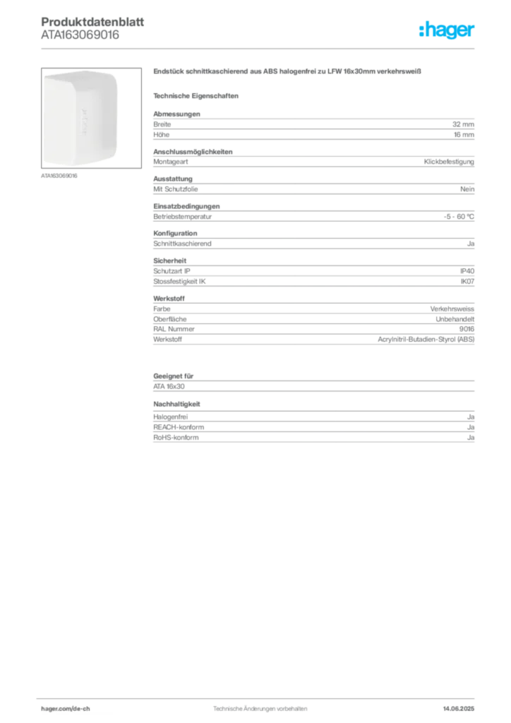 Bild Hager Produktdatenblatt ATA163069016 | Hager Schweiz