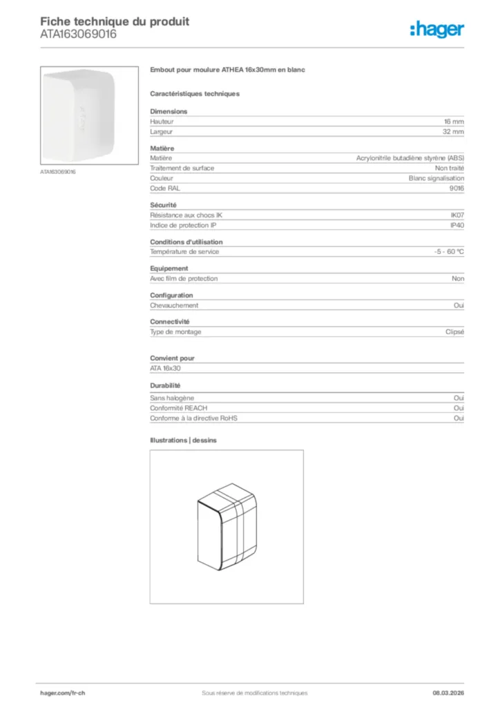 Image Hager Fiche technique du produit ATA163069016 | Hager Suisse
